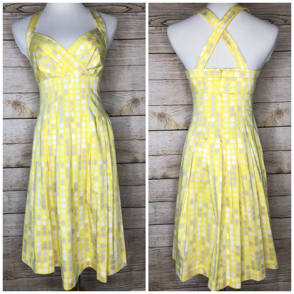 Spring dress Yellow grey polka dot Cross back